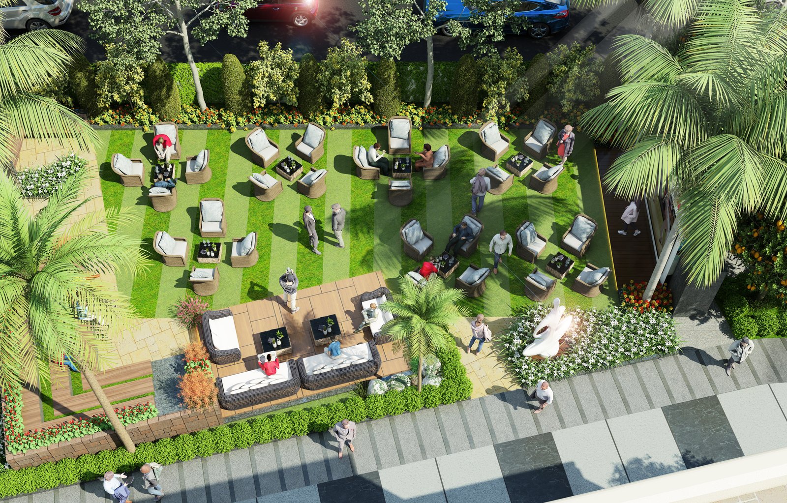 Beautifully landscaped gardens with walking paths at Atco La Vivant