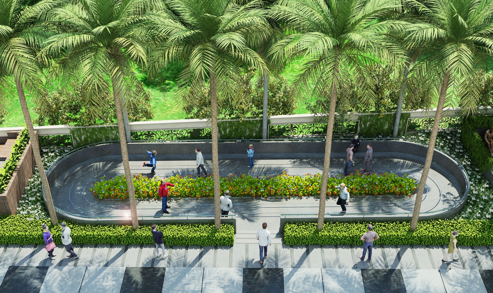 Beautifully landscaped gardens with walking paths at Atco La Vivant