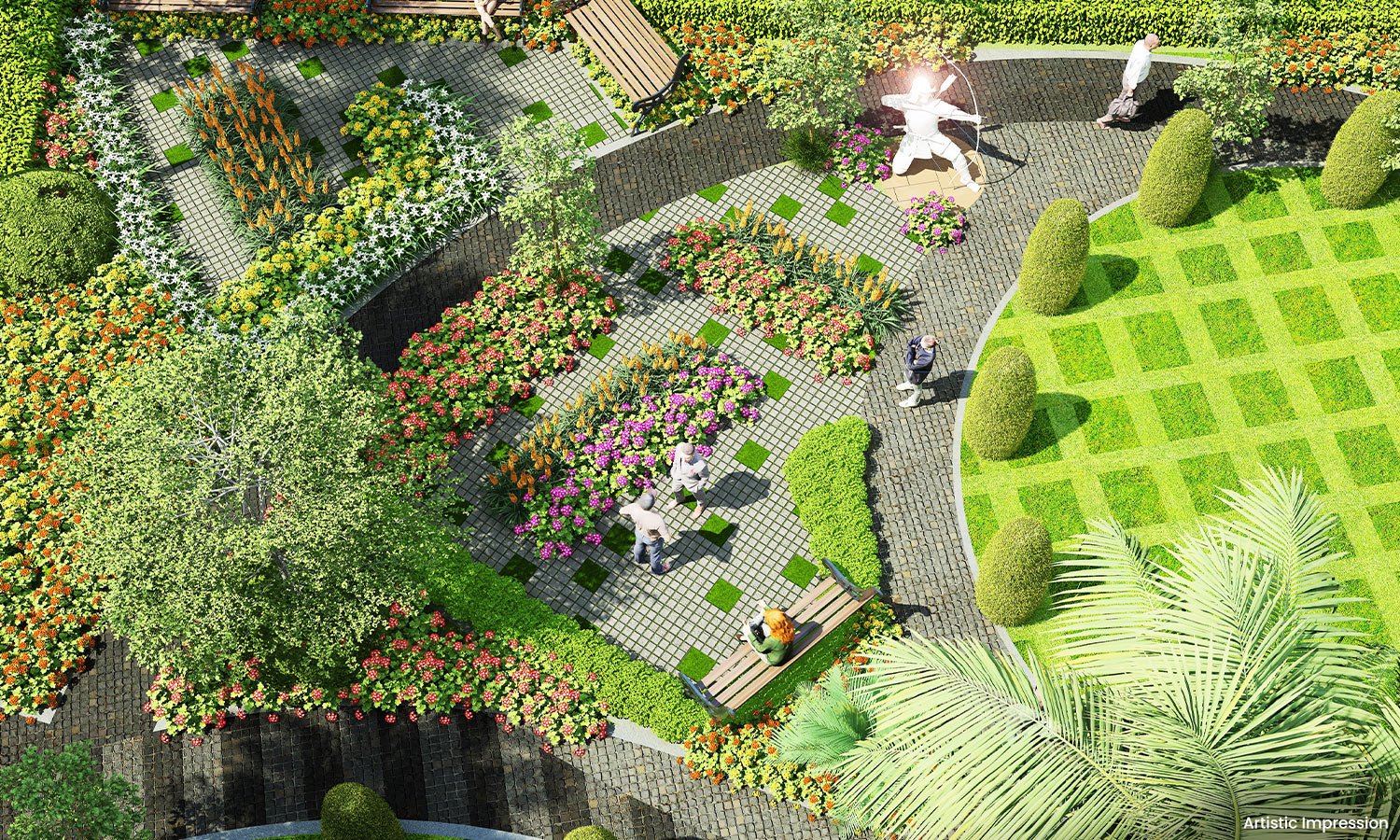 Beautiful Eiffel Tower themed garden at Atco La Vivant